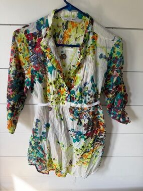 Zara Floral Lightweight Cotton Top Tunic Belt Tie Boho Cover Up Airy Cottagecore